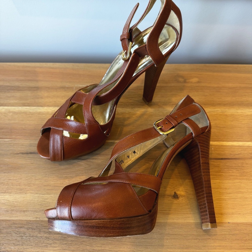 Stuart Weitzman Women 9 M Tan Leather Strappy Platform Peep‎ Toe Heels Sandals